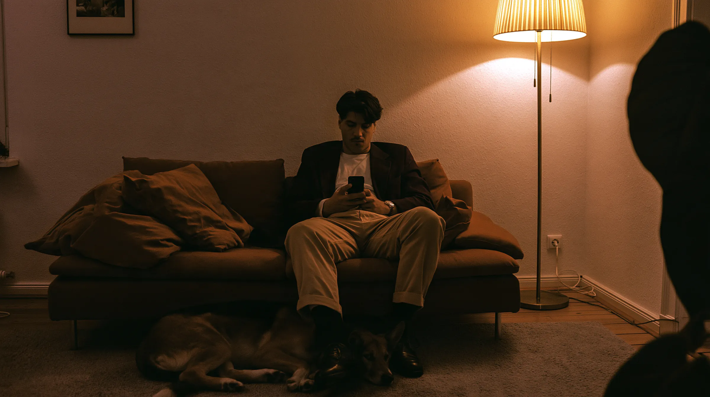 A man on his sofa in the evening, planning a trip on his phone