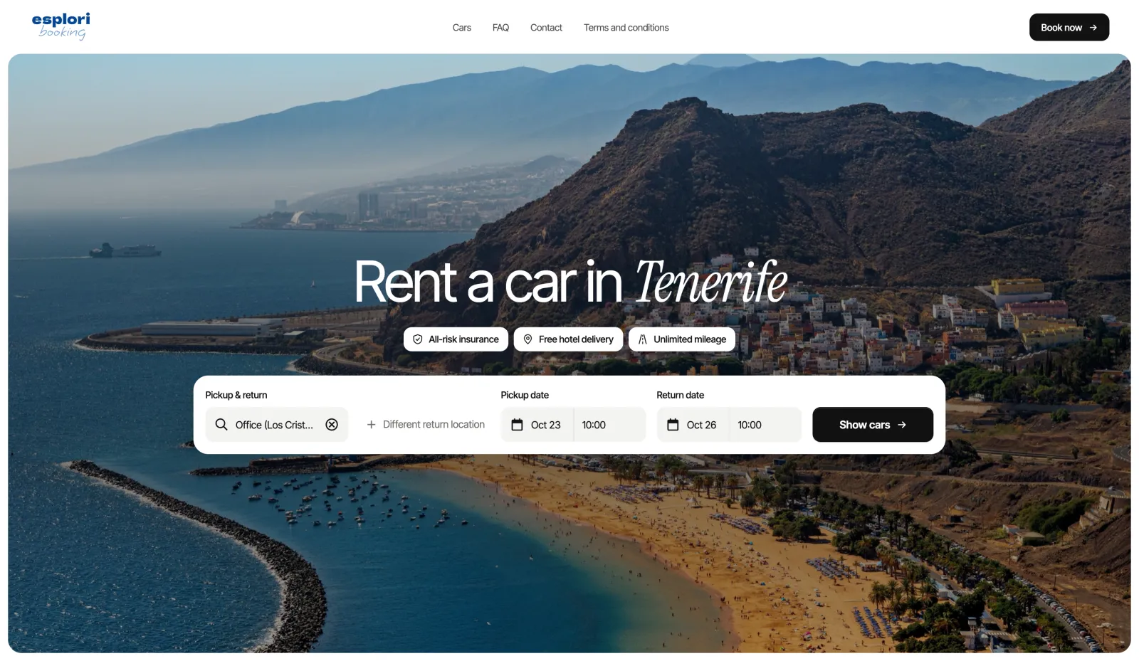 Example car rental website for Tenerife: “Rent a car in Tenerife” over a photo of the coast, with the booking search for pickup, dates and Show cars