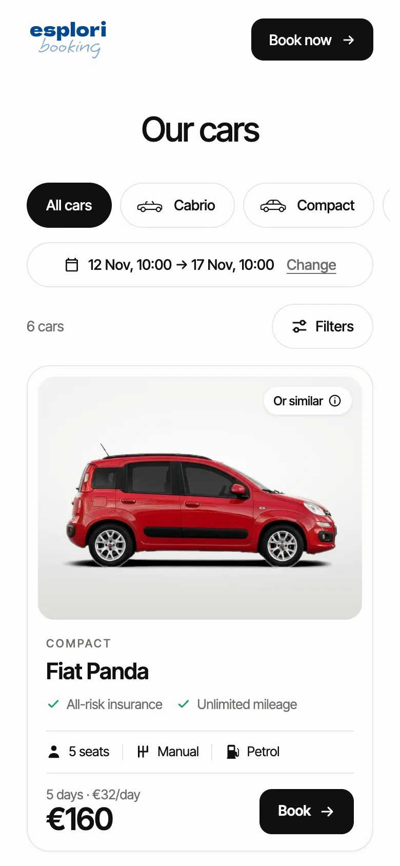 The example car rental website on a phone: car list for 12 to 17 November with a Fiat Panda at €160